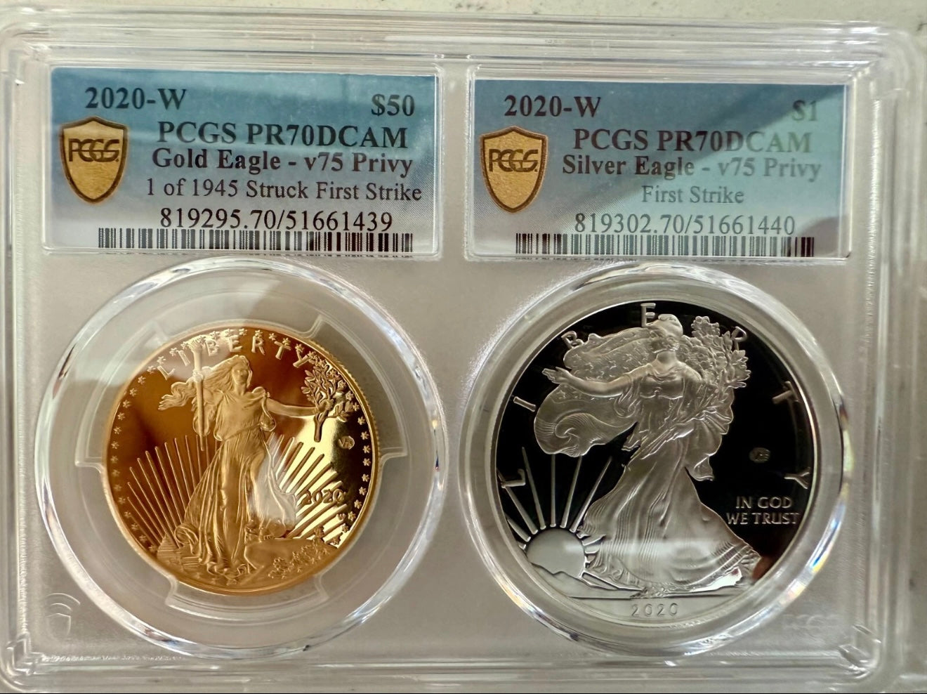 2020-W End of WWII 75th Anniversary $50 1 Oz Gold Eagle V75 PCGS PR70DCAM First Strike